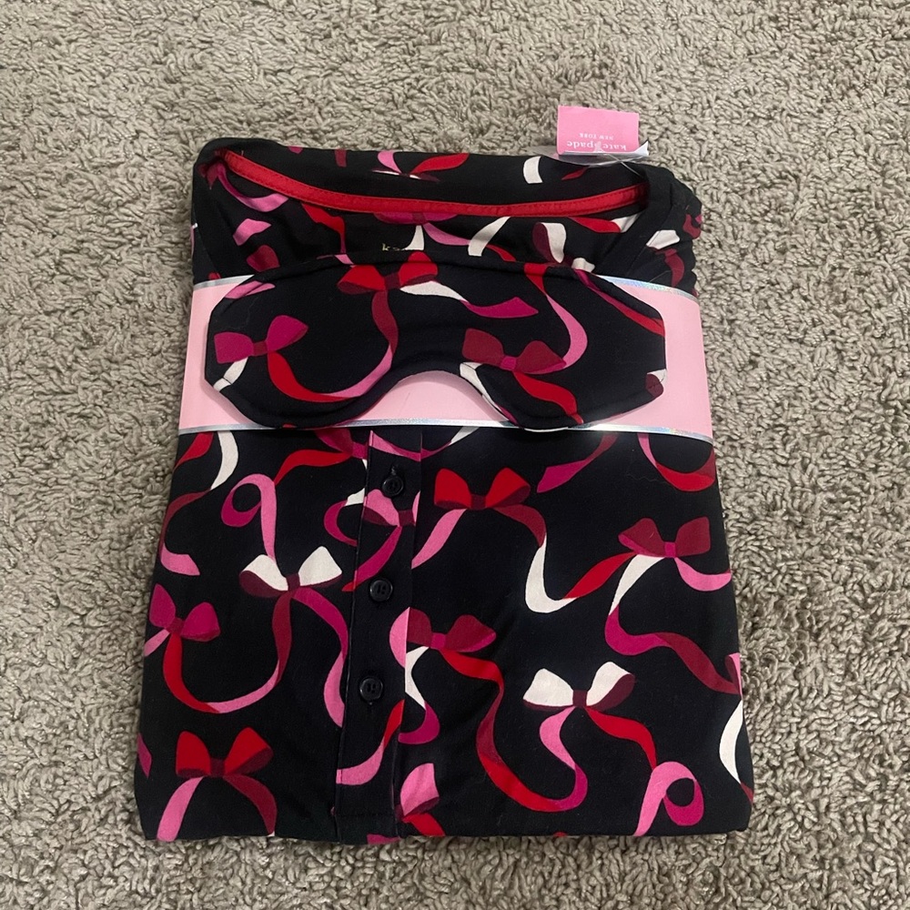 brand new kate spade long sleeve/pant pajama set with matching eye mask
